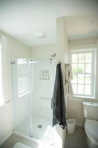 ein weißes Badezimmer mit Dusche und Toilette in der Unterkunft Restored Queen Anne Cottage in Maquoketa + 19 Fotos