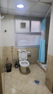 y baño pequeño con aseo y ducha. en Abu Dhabi Tourist Club-Hotel Home Stay, en Abu Dabi