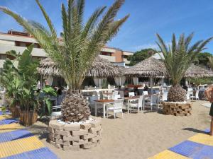 una spiaggia con alcune sedie, tavoli e palme di Casa Al Mare a Lignano Sabbiadoro