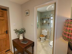 a bathroom with a toilet and a wooden table at Little Padley in Broadway