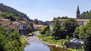 a river in a town with buildings and a church at Chez Maïté in Vals-les-Bains