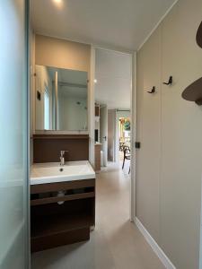 bagno con lavandino, specchio e doccia di Camping De la vallée a Durbuy