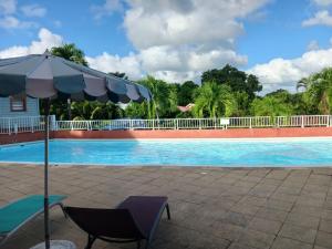 einen Stuhl und einen Regenschirm neben einem Pool in der Unterkunft Chez Valérie et Pascal in La Trinité