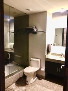 ein Badezimmer mit Toilette, Dusche und Waschbecken in der Unterkunft CASA MOSHI in Malinalco