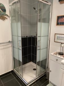 La salle de bains est pourvue d'une douche avec une porte en verre. dans l'établissement Studio récent Cosy - Ploemeur, à Ploemeur