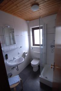 La salle de bains est pourvue de toilettes, d'un lavabo et d'une douche. dans l'établissement Gästehaus Balzer, à Marbourg