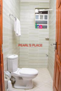 a bathroom with a white toilet and a shower at Pearl's Place in Meru