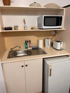 eine kleine Küche mit einer Spüle und einer Mikrowelle in der Unterkunft Ensuite gouger entire apartment in Adelaide