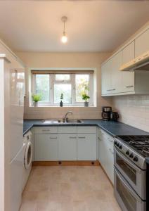 a kitchen with a sink and a stove top oven at Charming North London Apartment in London