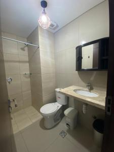 a bathroom with a toilet and a sink and a shower at Mono ambiente Cond Barak 1 in Santa Cruz de la Sierra