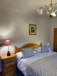a bedroom with two beds and a table with a lamp at Il Nido di Letizia in Châtillon