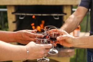 a group of people holding wine glasses in front of a fire at Le Cottage Nature Primeur Sauna Gaillac entre Albi-Toulouse & Les Cottages du Tarn in Brens