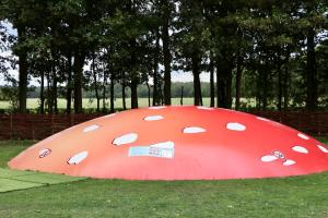 een groot rood object met witte vlekken op het gras bij Camping de Zwammenberg in De Moer
