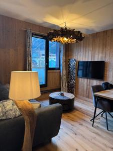 een woonkamer met een bank en een tv bij Cocon au cœur de Chamonix avec parking gratuit in Chamonix-Mont-Blanc