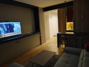 a living room with a couch and a flat screen tv at Apartman Olaf Bjelašnica in Bjelašnica