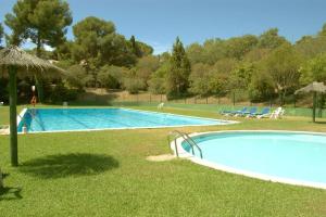 - une grande piscine avec des chaises et un parasol dans l'établissement Villa Olga, à Gérone