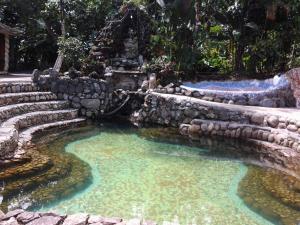 a pool of water with a stone wall at Hosteria Hachacaspi in Puyo