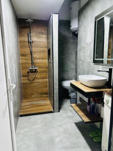 a bathroom with a shower and a toilet and a sink at SA Apartment in Gjilan