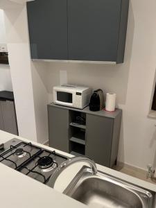 una cocina con fregadero y microondas en Emanuele II Apartament Vigevano, en Vigevano