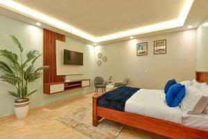 a bedroom with a bed and a tv in it at Premier Suites Kyanja in Kampala
