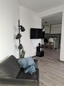 een woonkamer met een bank en een tv bij Апартамент Тюркоаз in Varna