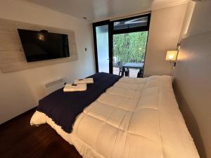 a bedroom with a large bed with a large window at Cabaña Habitainer BordeRio 3 in Concepción