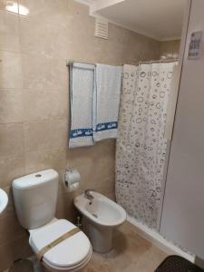 La salle de bains est pourvue de toilettes, d'un lavabo et d'une douche. dans l'établissement Casa das Cortes - Serra da Estrela, à Gouveia