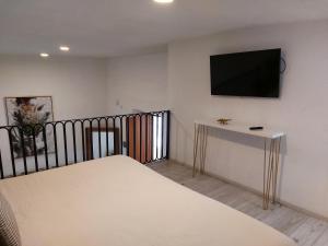 a bedroom with a bed and a flat screen tv on the wall at Casa Monarcas - Sophia (with AC) in Guadalajara