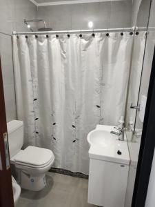 a bathroom with a toilet and a sink and a shower curtain at La Plaza in Sunchales