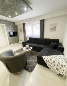 a living room with a black couch and chairs at Apartman Tijana in Pale