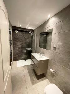uma casa de banho com um WC, um lavatório e um chuveiro em Les Vergers em La Gaude
