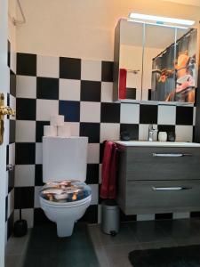 a bathroom with a black and white checkered wall at Camenzind in Gersau