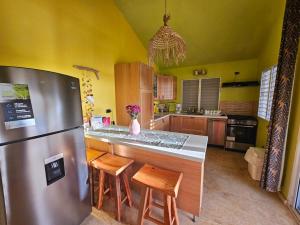 una cocina con nevera de acero inoxidable y armarios de madera en Be Inspired at Villa Artistas!, en Arroyo Grande