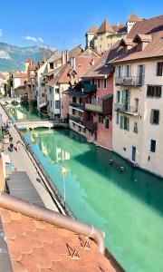 a pool of green water in a city with buildings at Auberge du Lyonnais in Annecy