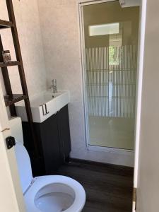 a bathroom with a toilet and a sink at Stacaravan met tuin aan de Waddenzee in Oosterend