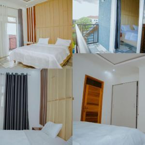 three pictures of a room with two beds and a balcony at KIGALI HOME SWEET HOME APARTMENTS in Kigali