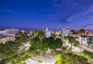 a city skyline with palm trees and buildings at Casa Hotel Miriam in Montería