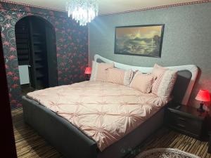 1 dormitorio con 1 cama con almohadas rosas en Casa verde, en Săcălaz