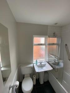 a small bathroom with a toilet and a sink at Connswater Town House Belfast in Belfast