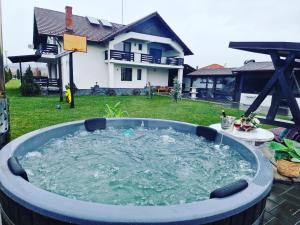 a tub of water in a yard with a house at Pensiunea Conacul lui Horia in Bistriţa