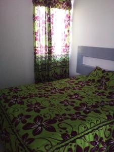 a bed with a green comforter and a window at Posada en celaya in Celaya