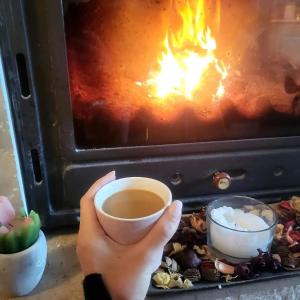 a person holding a cup of tea in front of a fireplace at Cabana Frame A Scorilo in Poiana Mărului