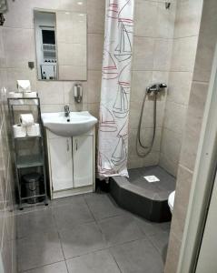 W łazience znajduje się prysznic, umywalka i toaleta. w obiekcie Noclegi Tuszyn S w mieście Tuszyn
