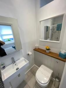 a bathroom with a sink and a toilet and a mirror at Little Gem in Kemptown Brighton in Brighton & Hove