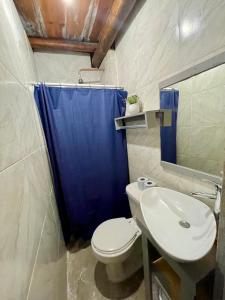 a bathroom with a toilet and a blue shower curtain at Balam Holbox in Holbox Island