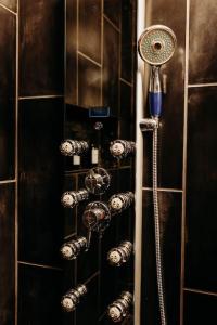 La salle de bains est pourvue d'une douche avec un pommeau de douche. dans l'établissement Luxury Cliffside Hammock House, à Wellington