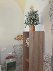 a christmas tree on top of a wooden book shelf at Siconolfo 5 in Salerno