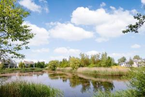 - une vue sur une rivière avec des maisons et des arbres dans l'établissement Osprey Lodge CW64 HOT TUB Lakeside Spa Property, à Somerford Keynes