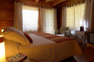 a bedroom with a bed and a desk and window at Patagonia Lodge in Las Trancas