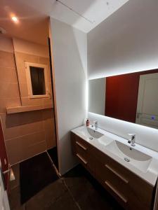 uma casa de banho com um lavatório e um espelho em Maison chaleureuse avec jardin em Bourges